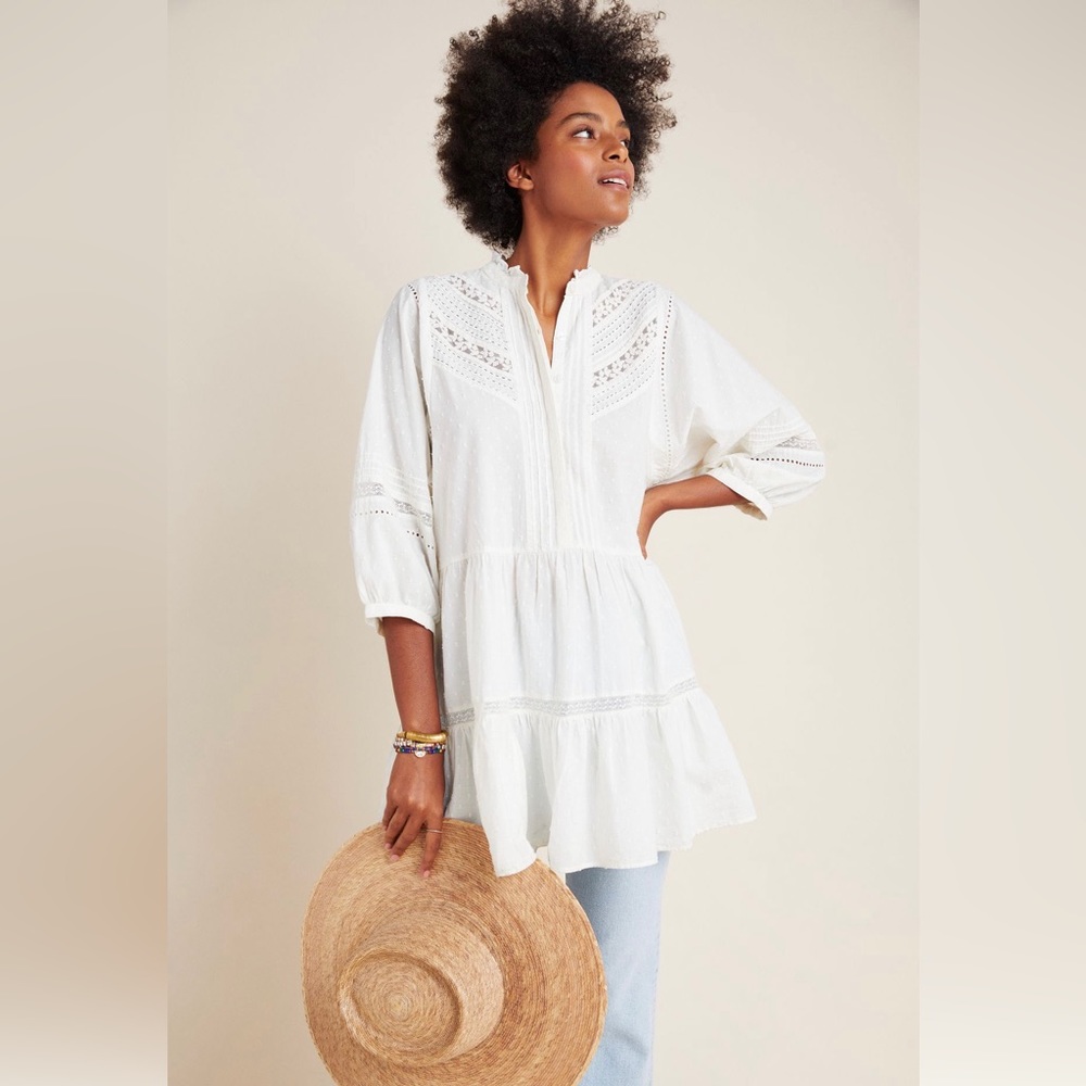 Anthropologie White Swiss Dot Tunic - Large